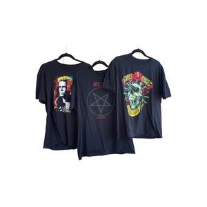 Three men’s t-shirts: Guns N’ roses, billy idol, motley crew